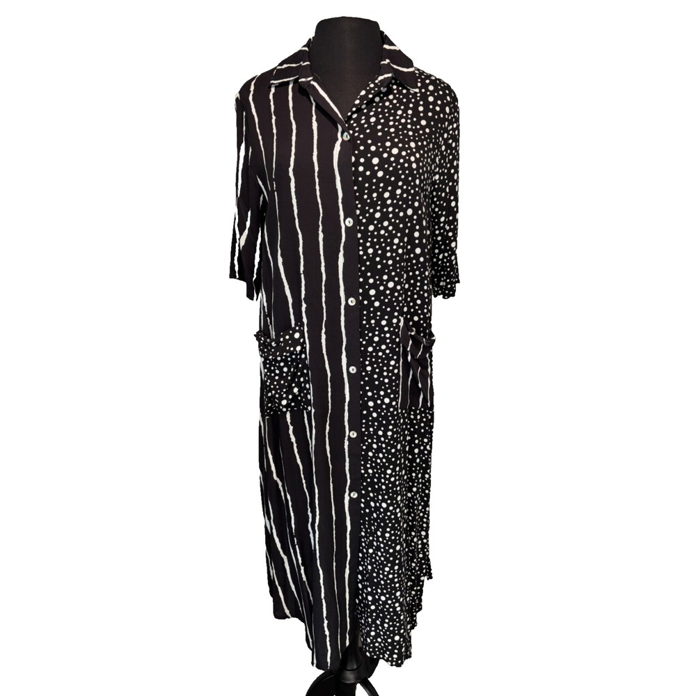 Shana Womens Button Up Shirt Dress M Black White Polka Dot Stripe Pockets NWT